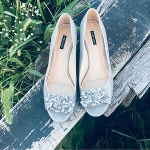 Alex Marie Beaded Silver Glitter Open Toe Wedge Heel Sandal size 8